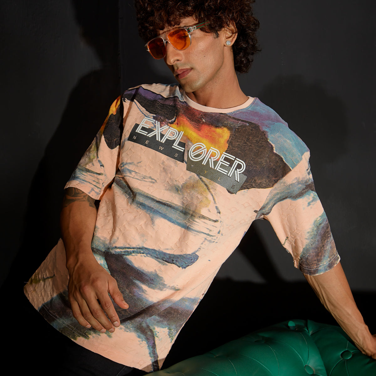 Peach abstract print full sleeves t-shirt