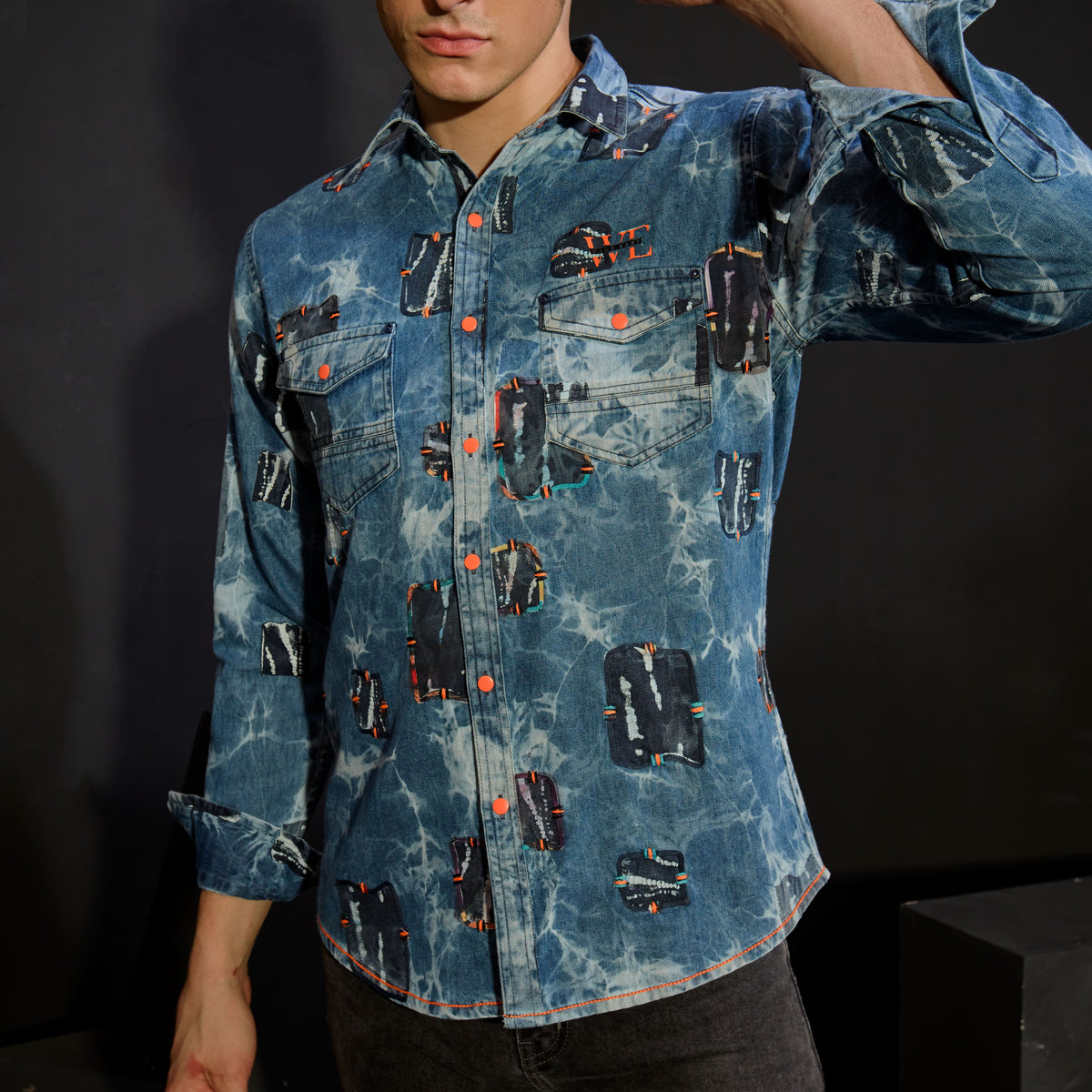 Denim block print full sleeves shirt